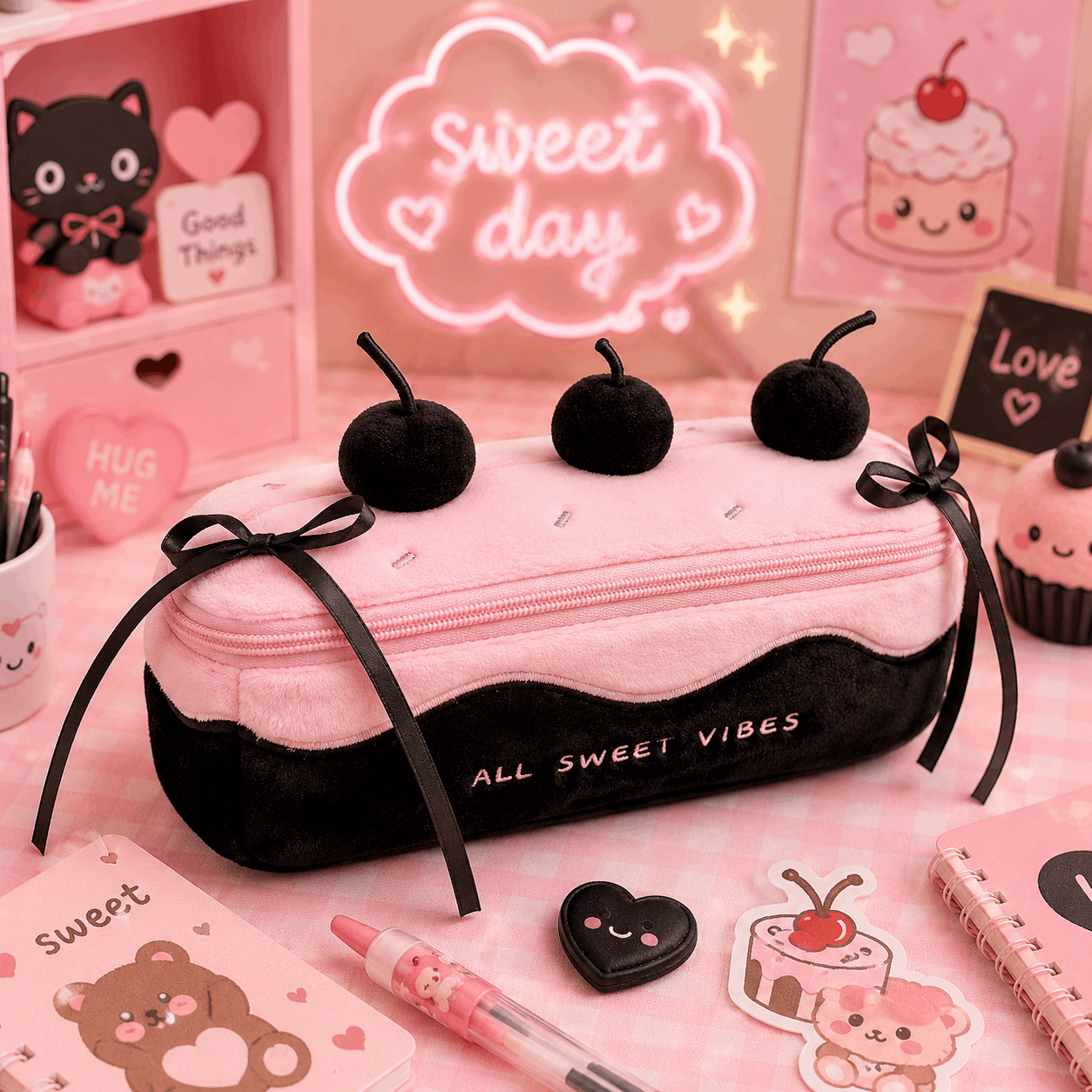 Pink and black pencil case with cherry decorations on a pink background with 'Sweet Day' sign.