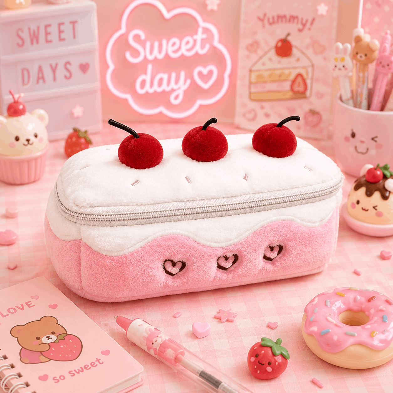 Pink cake-shaped pencil case with cherries on a pink background with 'Sweet Day' text.