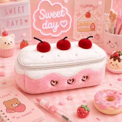 Pink cake-shaped pencil case with cherries on a pink background with 'Sweet Day' text.