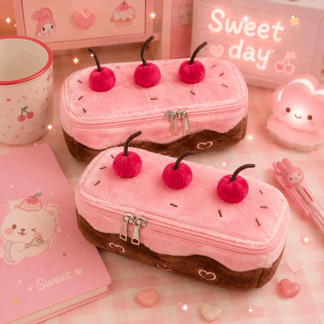 Two pink and brown pencil cases resembling cake slices with cherry toppings on a pink surface.