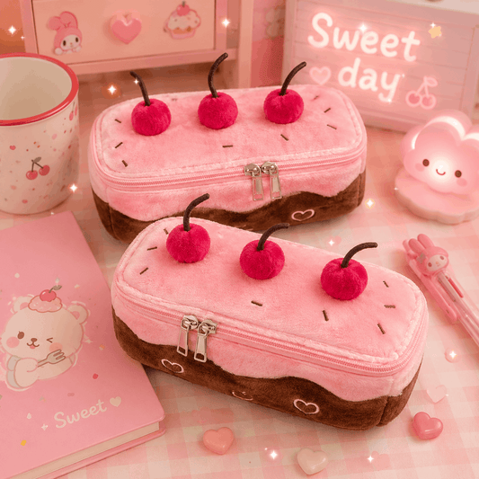Two pink and brown pencil cases resembling cake slices with cherry toppings on a pink surface.