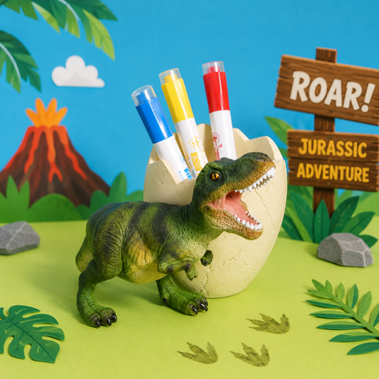 Dinosaur toy with a pen holder and markers against a colorful dinosaur-themed background