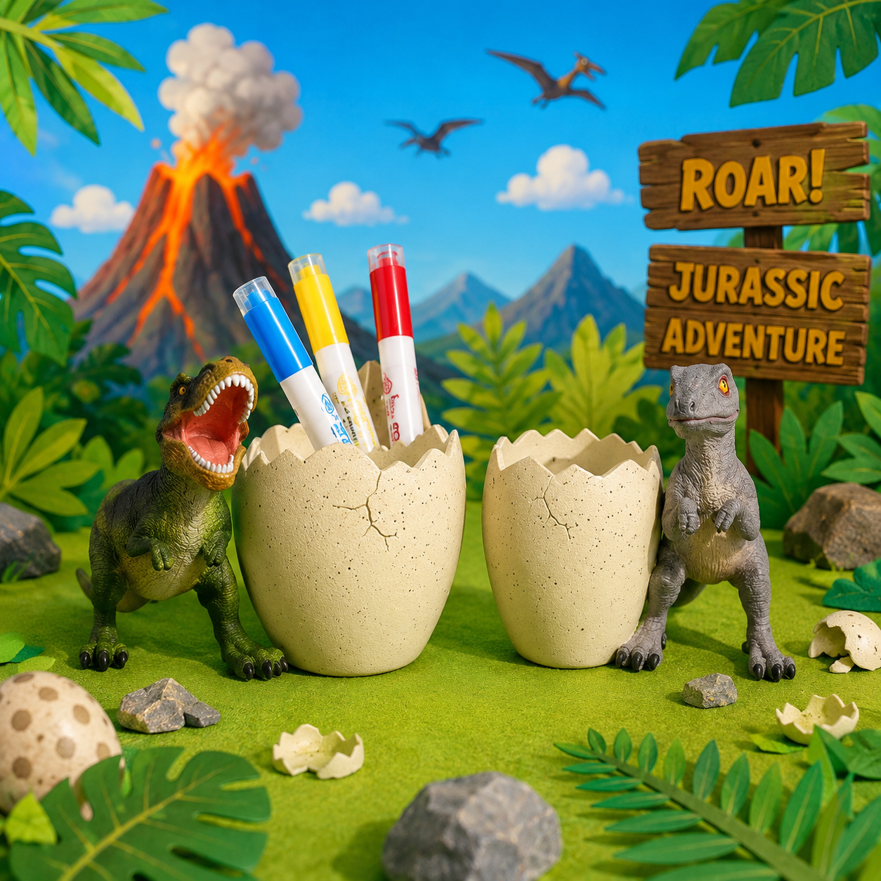 Dinosaur-themed scene with hatching eggs and colorful markers, set against a volcano and mountain backdrop.