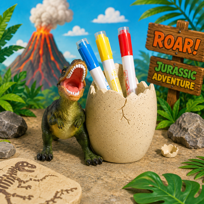 Dinosaur toy with a pen holder and markers in a prehistoric setting