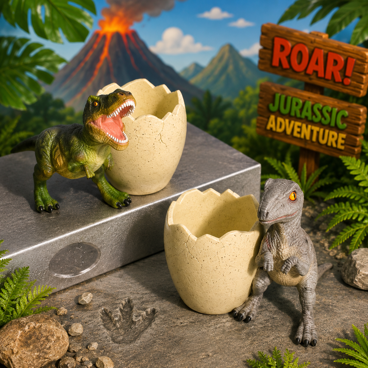 Toy dinosaurs emerging from eggs with a volcano and 'Roar! Jurassic Adventure' sign in the background.
