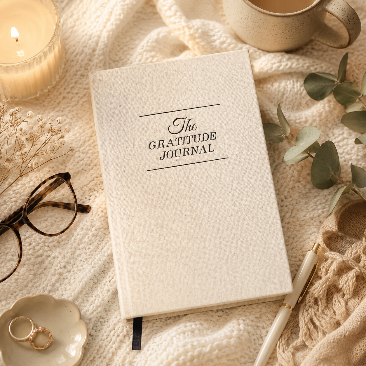 Gratitude journal on a soft surface with a candle, glasses, and plant elements.