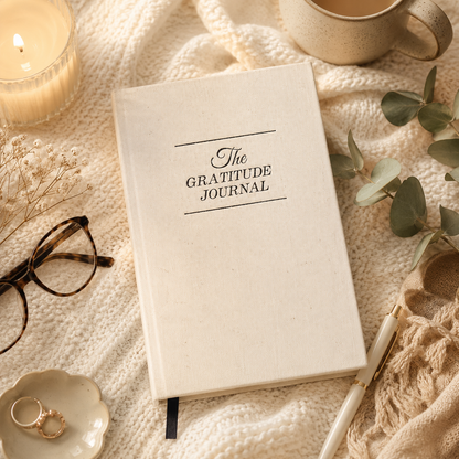 Gratitude journal on a soft surface with a candle, glasses, and plant elements.