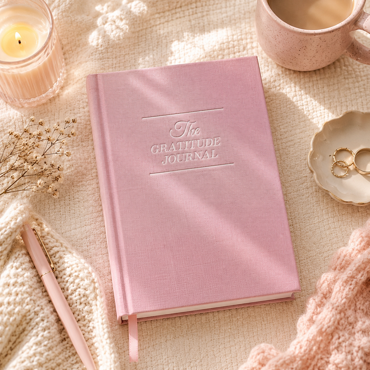 Pink gratitude journal on a soft surface with a candle and mug in the background