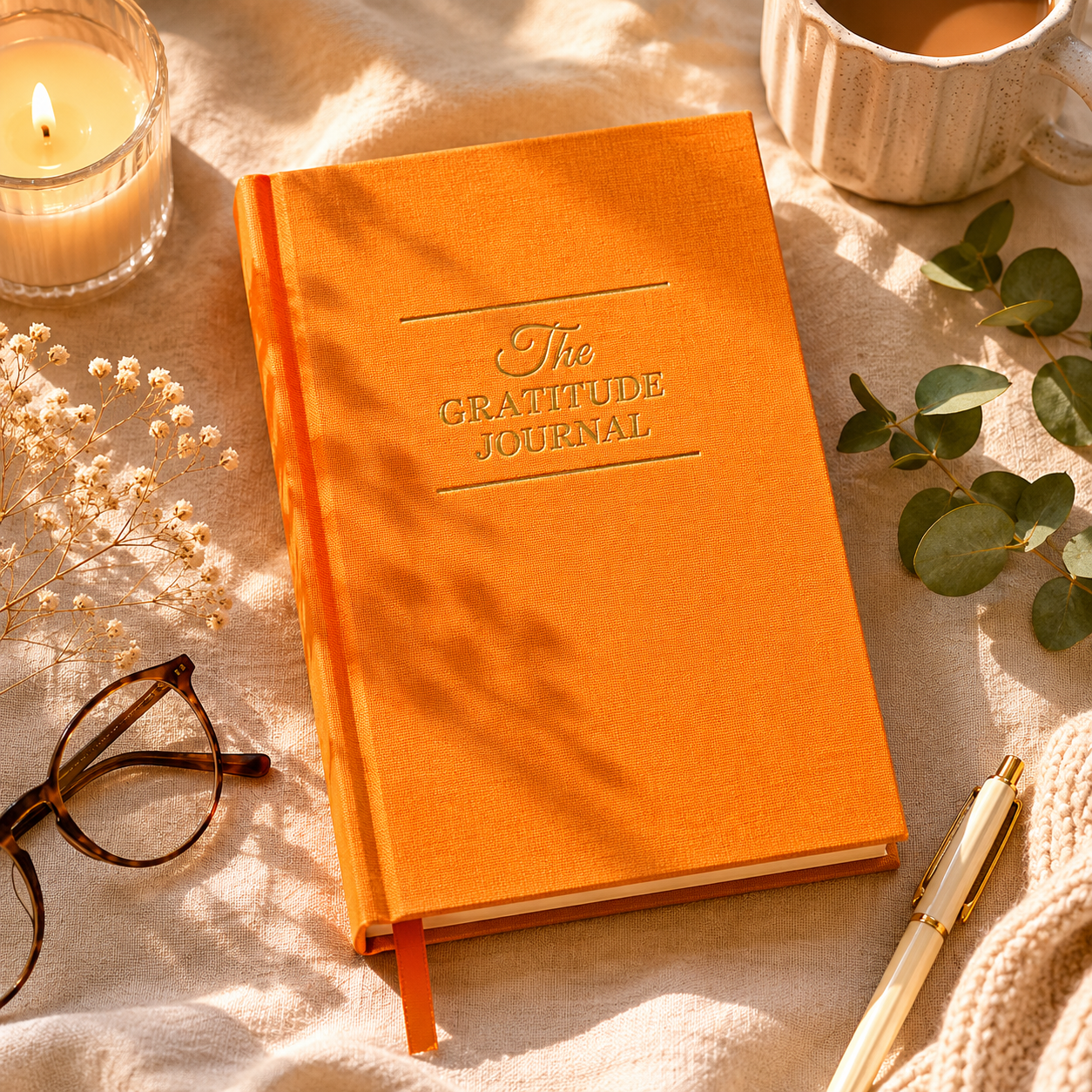 Orange gratitude journal on a soft surface with a candle, glasses, and pen.