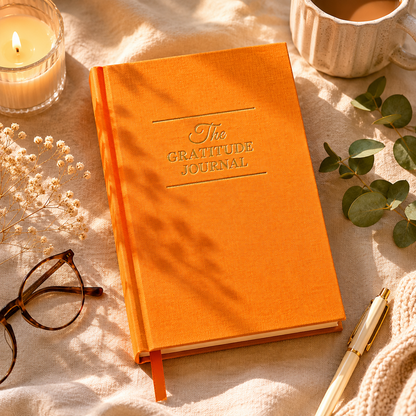 Orange gratitude journal on a soft surface with a candle, glasses, and pen.