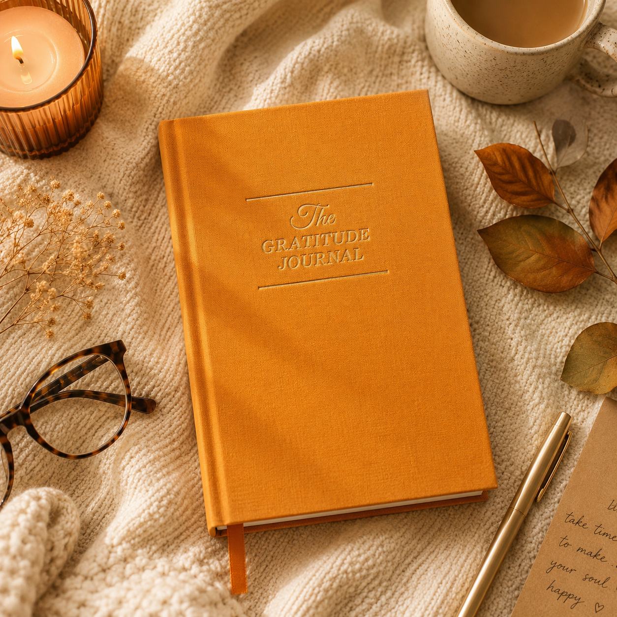 Orange gratitude journal on a textured surface with a candle, glasses, and pen.