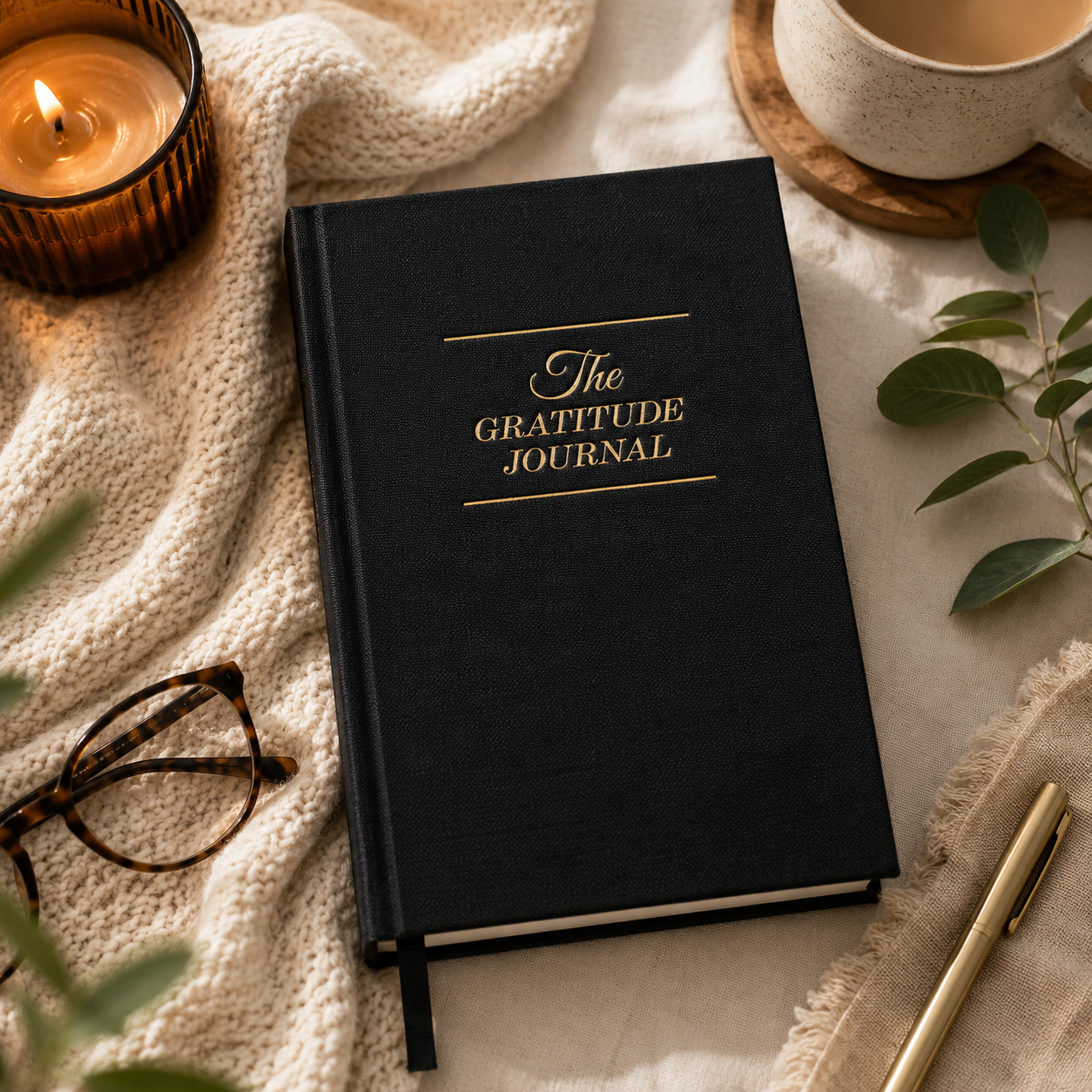 Black gratitude journal on a light surface with a candle, glasses, and pen.