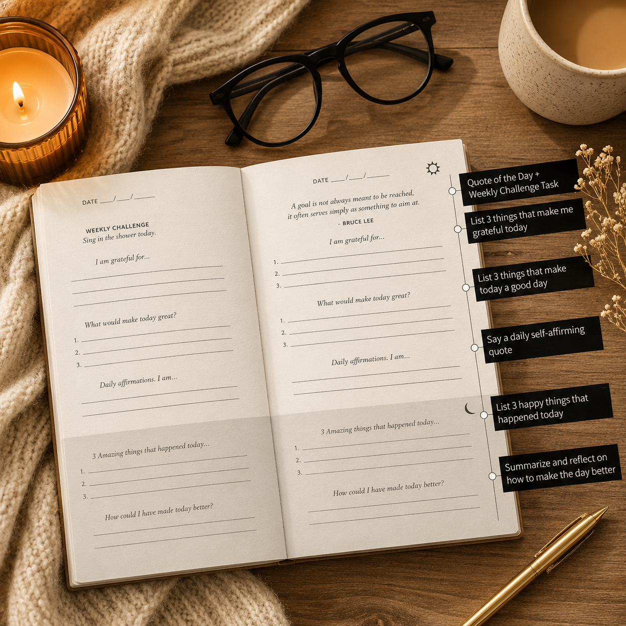 Open planner on a wooden surface with a candle, glasses, and pen.
