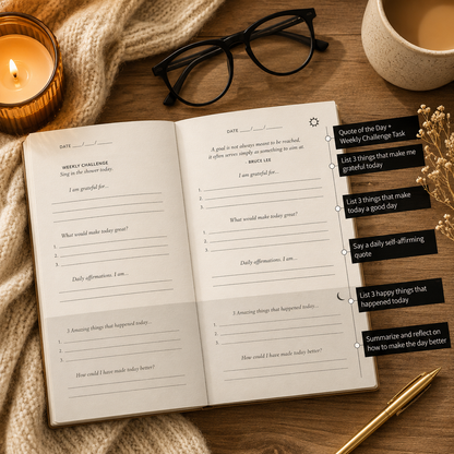 Open planner on a wooden surface with a candle, glasses, and pen.