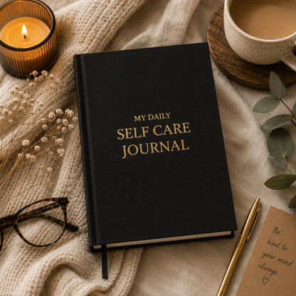 Black self-care journal with gold text on a cozy setting with a candle, cup of coffee, and glasses.