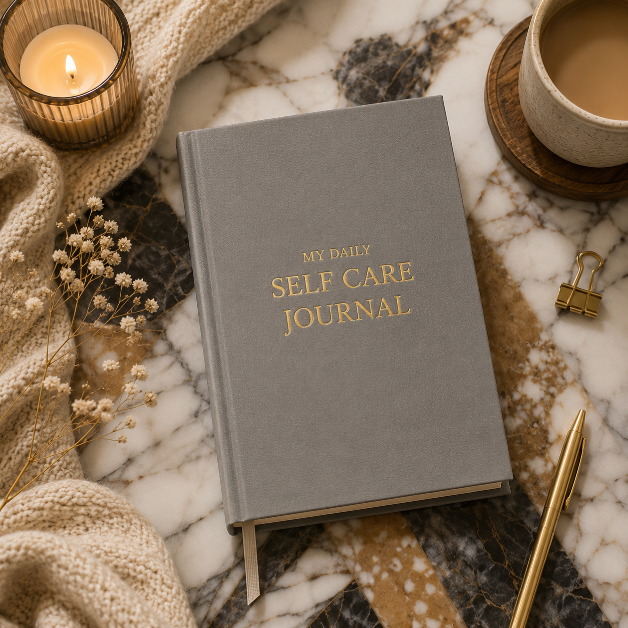 Gray self-care journal with gold text on a marble surface with a candle and cup of coffee.
