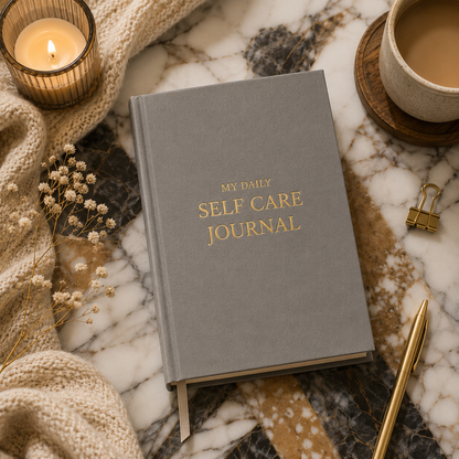 Gray self-care journal with gold text on a marble surface with a candle and cup of coffee.