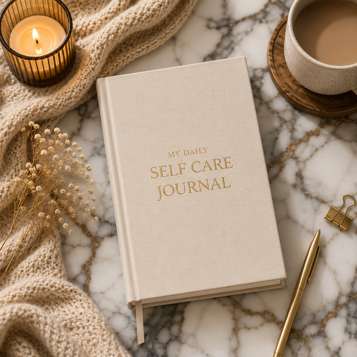 Beige self-care journal on a marble surface with a lit candle, cup of coffee, and decorative elements.