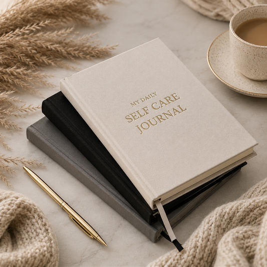 Self care journal on a table with a cup of coffee and decorative elements