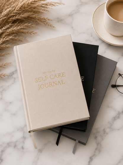 Beige self-care journal on a marble surface with a cup of coffee and decorative elements.