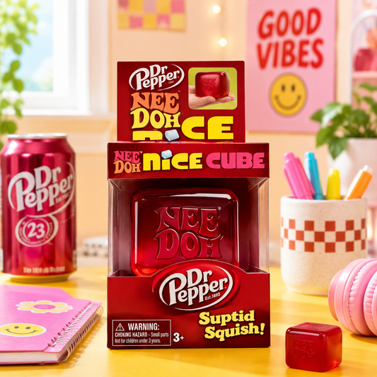 Dr Pepper gummy cubes packaging with a can of Dr Pepper on a table.