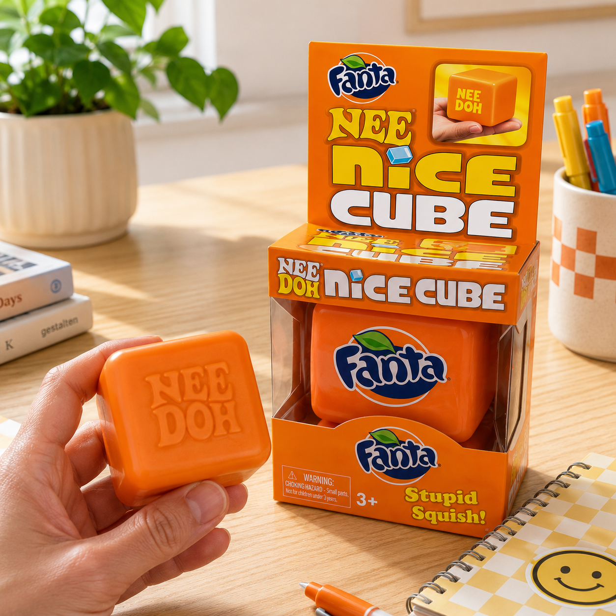 Orange Fanta Nee Doh Nice Cube toy held by a hand on a wooden surface with packaging in the background.