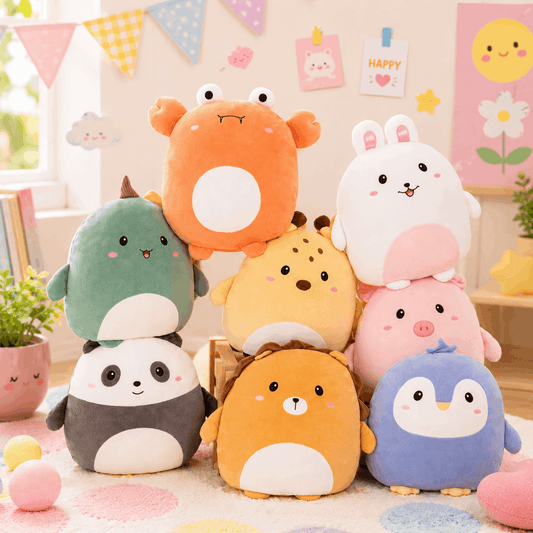 Stack of colorful plush toys in a room with decorative elements