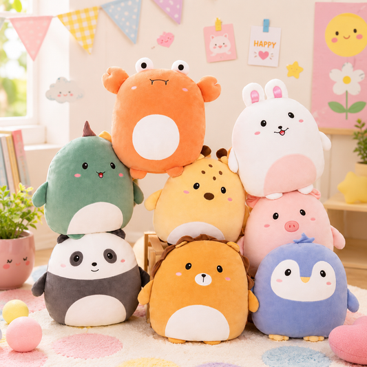 Stack of colorful plush toys in a room with decorative elements