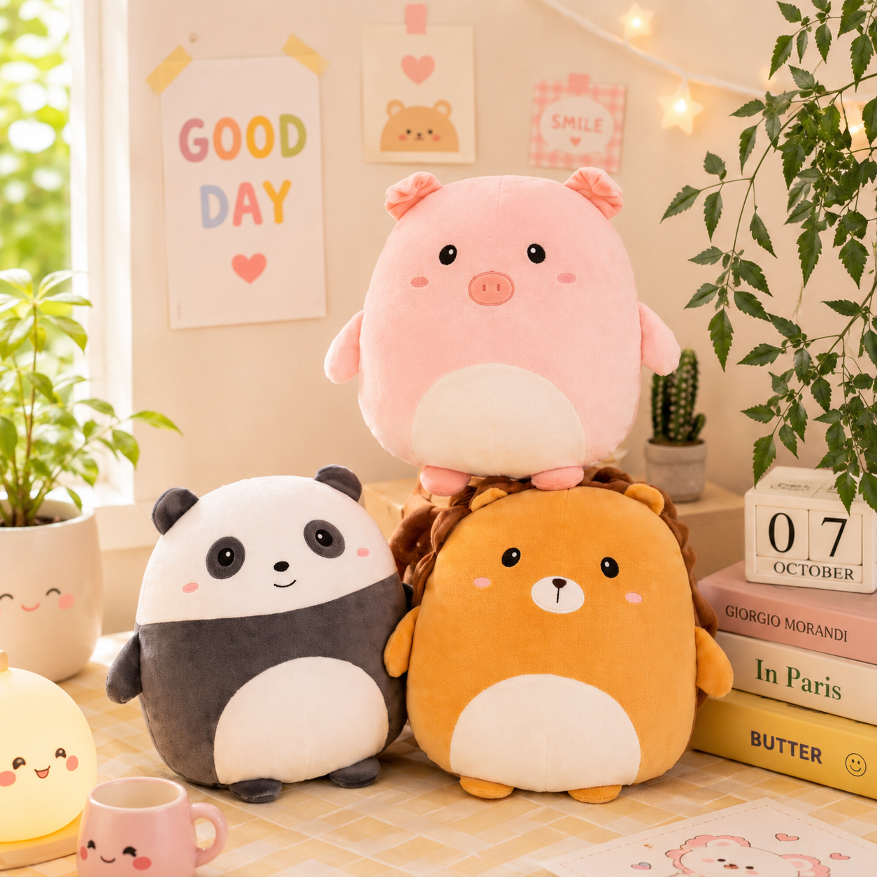 Three plush toys (pig, panda, and bear) sitting together on a surface with a decorative background.