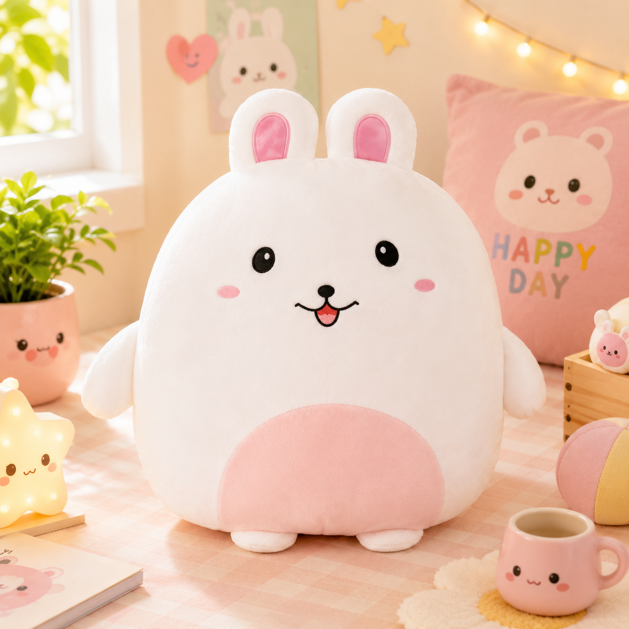Cute plush toy with bunny ears on a soft surface with decorative items in the background