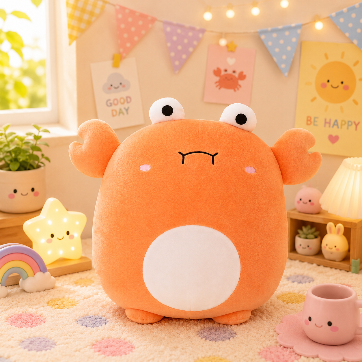 Orange plush toy with a sad face in a room with decorative lights and plants