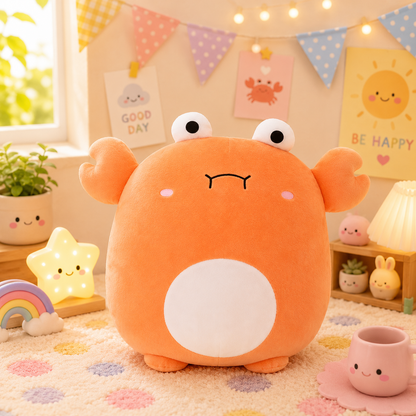 Orange plush toy with a sad face in a room with decorative lights and plants