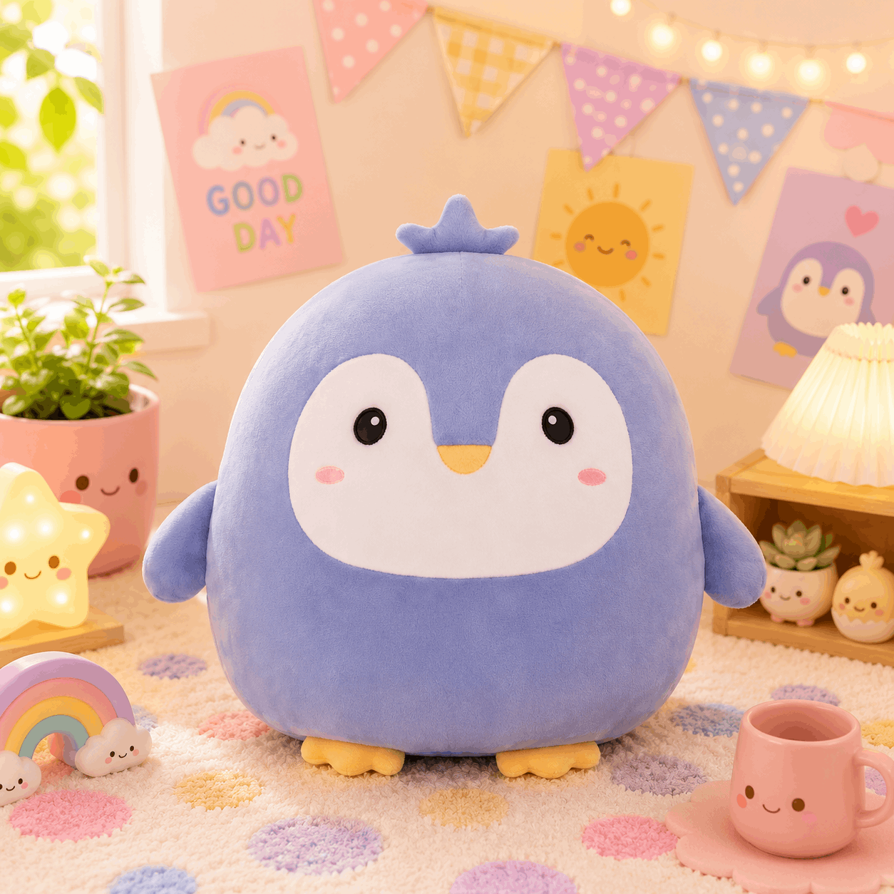 Cute blue penguin plush toy in a room with decorative elements and plants.
