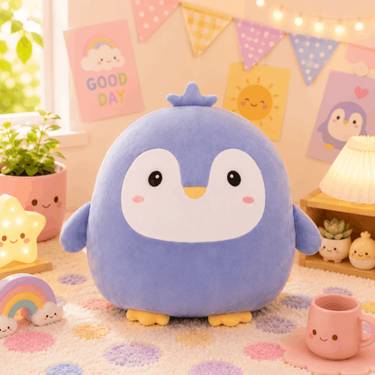 Cute blue penguin plush toy in a room with decorative elements and plants.