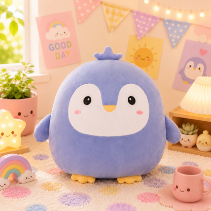 Cute blue penguin plush toy in a room with decorative elements and plants.