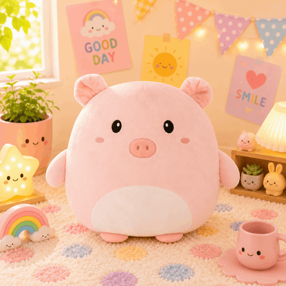 Cute pink plush pig toy in a colorful room with decorations and plants.