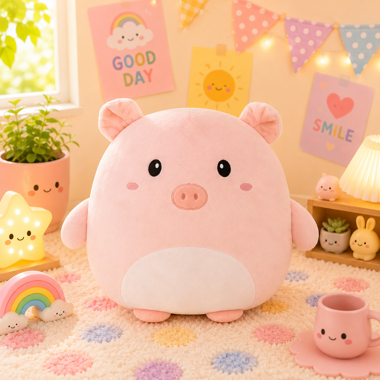 Cute pink plush pig toy in a colorful room with decorations and plants.