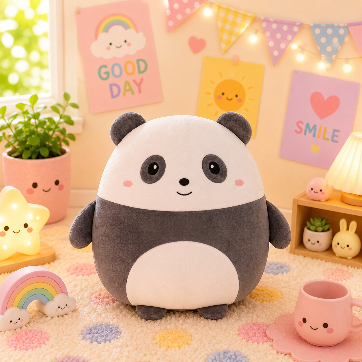 Cute plush panda toy in a colorful room with decorations