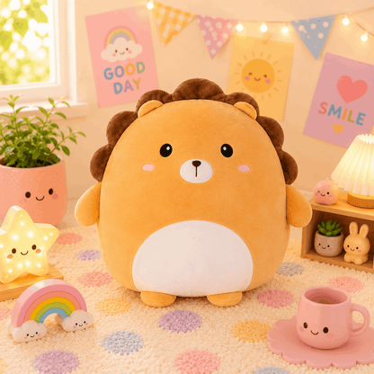 Cute lion-shaped plush toy in a child's room with decorative elements.