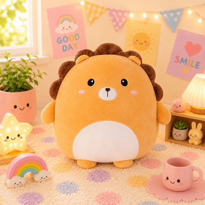 Cute lion-shaped plush toy in a child's room with decorative elements.