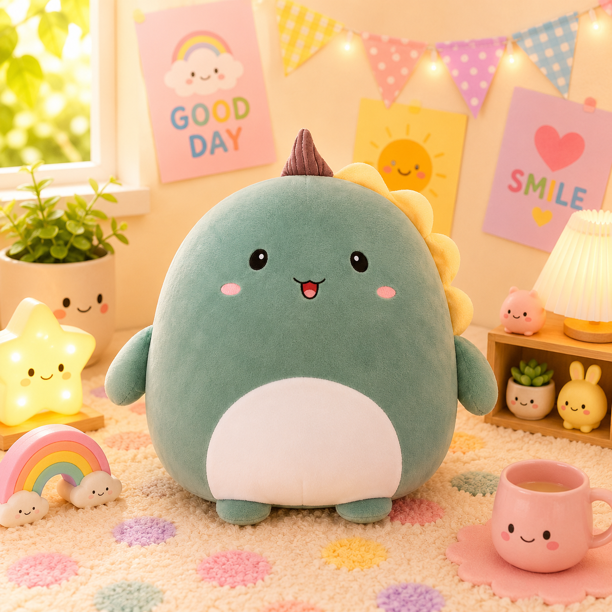Cute plush toy with a smiling face in a colorful room