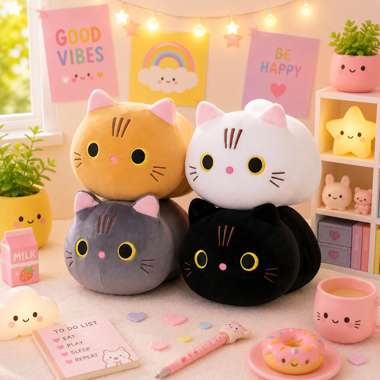 Four cat-shaped cushions in different colors on a table with decorative items.