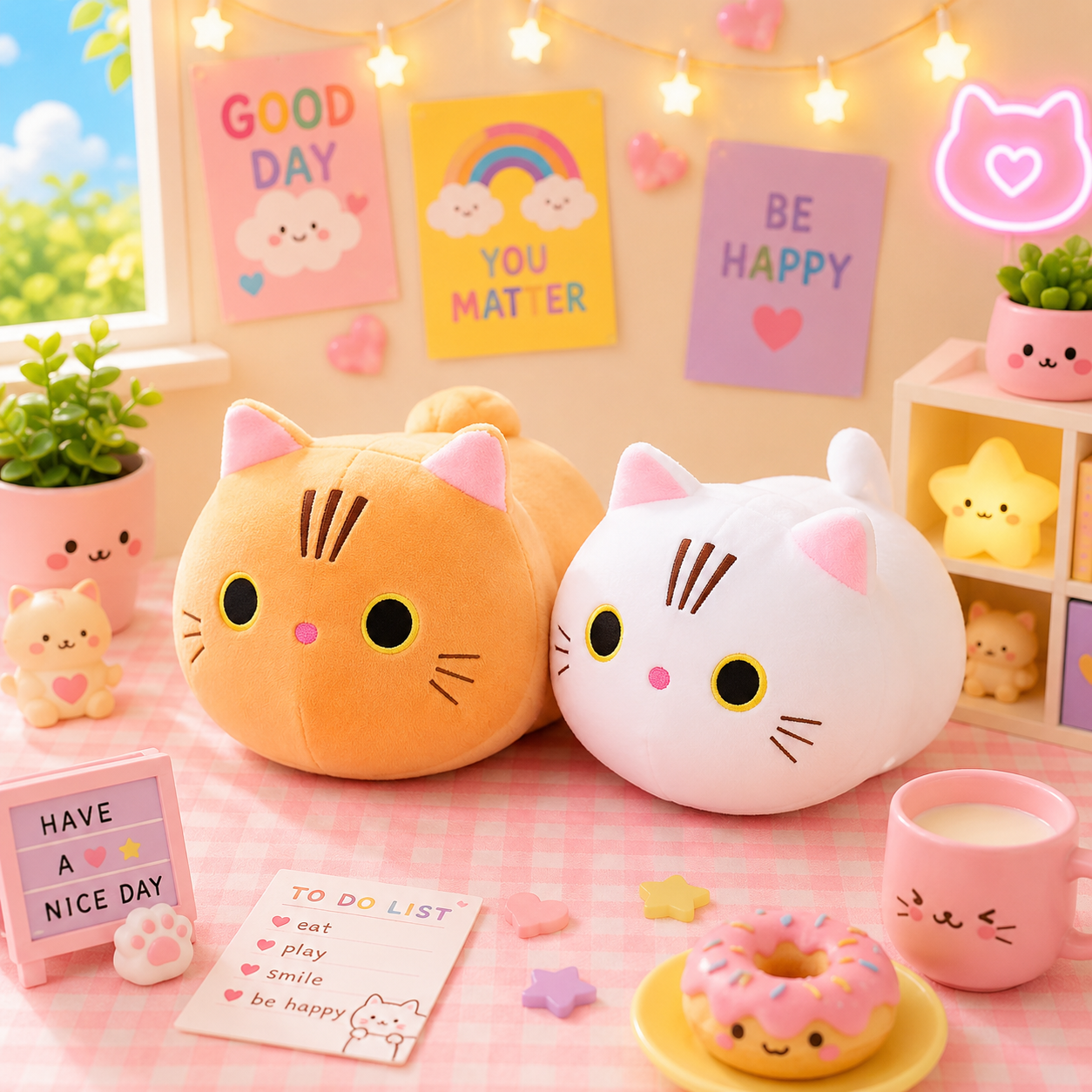 Two cat-shaped plush toys on a pink surface with decorative items and posters in the background.