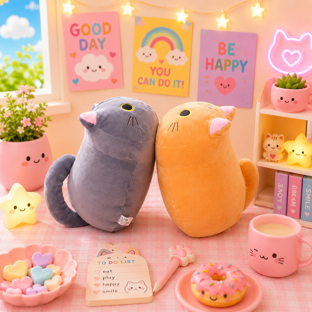 Two plush cat toys on a pink surface with decorative items in the background