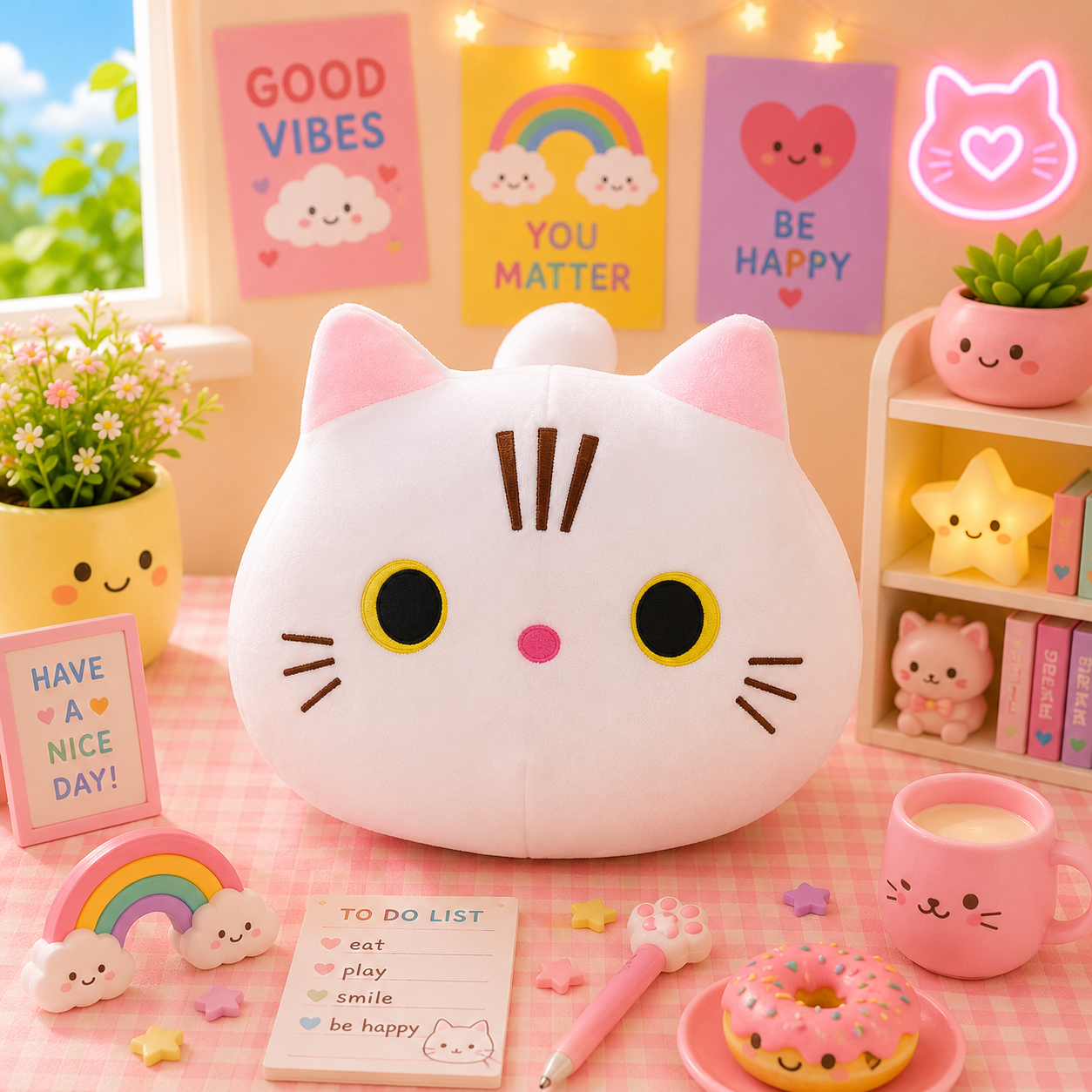 Cute plush cat toy on a pink checkered tablecloth with decorative items in the background
