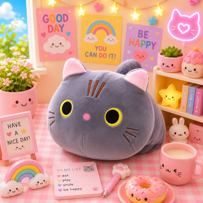 Cute plush cat toy on a pink table with decorative items in a bright room.