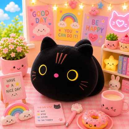 Cute black cat plush toy on a pink desk with decorative items