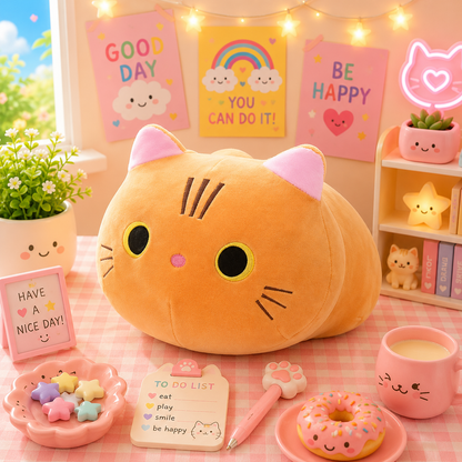 Cute plush cat toy in a room with motivational posters and a pink table setting.