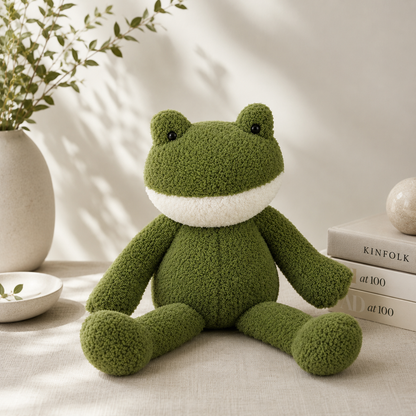 Green plush frog toy on a light surface with books and a plant in the background