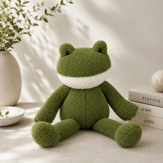 Green plush frog toy on a light surface with books and a plant in the background